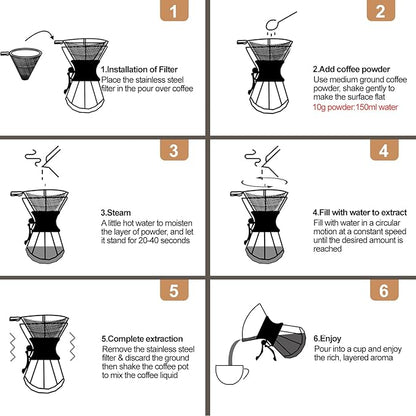 Pour Over Coffee Maker 400ml with 304 Stainless Steel Filter and Wooden Collar Holder Borosilicate Glass Drip Coffeemaker Server Set Clear Hand Brew Dripper Carafe for Home Camping Travel 13.5oz