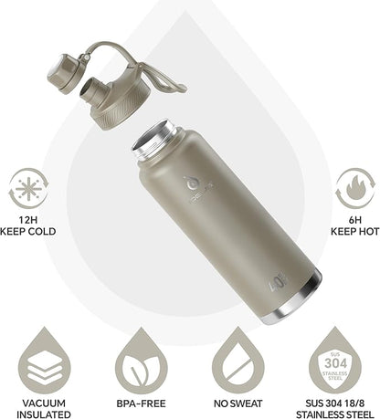 IDEUS Insulated Stainless Steel Water Bottle with 2 Leak-Proof Lids, Thermal Water Flask for Hiking Biking, 40oz, Celadon