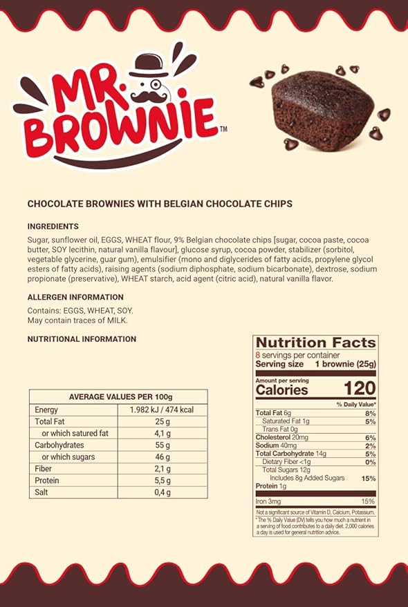 Mr. Brownie Chocolate Brownies - 3 Bags x 8 Individually Wrapped Fudge Brownie Bites with Real Belgian Chocolate Bits - Soft Sweet Snack for Home, School and Work - No Nuts, Palm Oil, or Corn Syrup