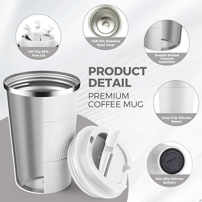 Volhoply 13 oz Stainless Steel Insulated Travel Coffee Mug with Fip Lid Bulk 8 Pack,Reusable Double Wall Vacuum Metal Coffee Cup,Portable Leak Proof Thermal Tumbler for Hot & Cold Drinks(White,8)