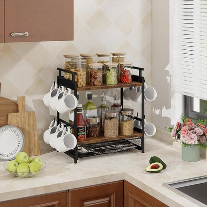 Coffee Bar Organizer, 3 Tier Coffee Station Organizer for Countertop, Mug Cup Holder Stand with 12 Hooks, with K Cup Storage Drawer, Tea Organizers Accessories for Home Office