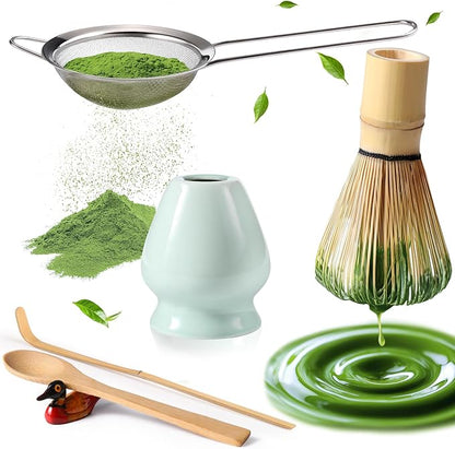 Matcha Whisk Set,MatchaSet with Bamboo Matcha Whisk and Ceramic Holder, Bamboo Scoop+Wooden Spoon,Scoop Holder,Sifter-Complete Matcha Tea Set,6 Pcs Matcha Kit,Tools for Matchas Ceremonial Grade Kit