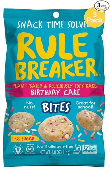 Rule Breaker Vegan & Gluten-Free Cookies | Birthday Cake Bites | Plant-Based, Dairy, Nut, Soy, Allergen Free, Kosher | Soft-Baked School Snacks for Kids and Adults (Pack of 3)