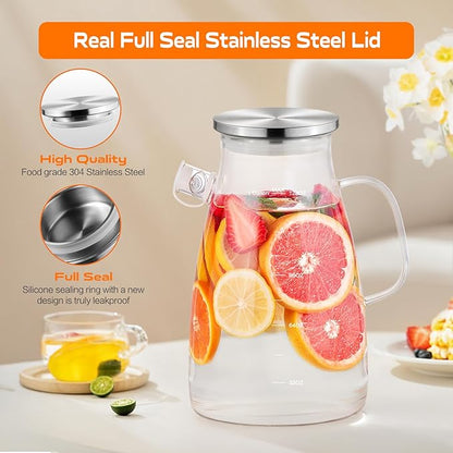 1 Gallon 128oz Glass Pitcher,Water Pitcher with Full Seal Lid and Spout, Glass Carafe for Hot/Cold Drink, Water Jug for Iced Tea, Coffee, Juice, Milk, Beverage
