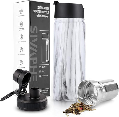Tea Infuser Bottle With Removable Loose Leaf 18/8 Stainless Steel Insulated Travel Tea Strainer Tumbler tea drinkers gifts for women(White Marble)