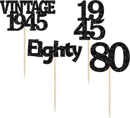 Gyufise 24Pcs Vintage 1945 Cupcake Toppers Glitter Cheers to 80 Fabulous Eighty Cupcake Picks 80th Birthday Wedding Anniversary Party Cake Decorations Supplies Black