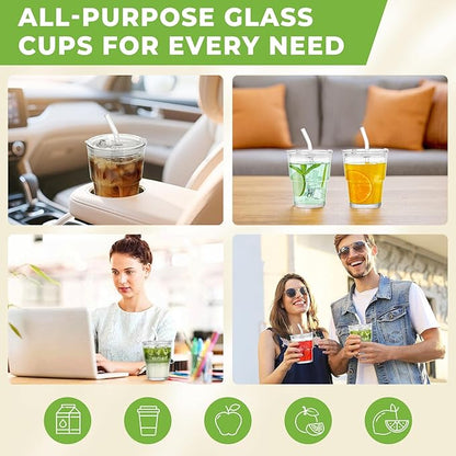 4 Pack 13 Oz Glass Cups with Lids and Straws Glass Iced Coffee Cups with Lids Vintage Glass Tumbler for Beer Ice Coffee Fruit Juice Elegant Aesthetic Cup Glassware Include 1 Cleaning Brushes