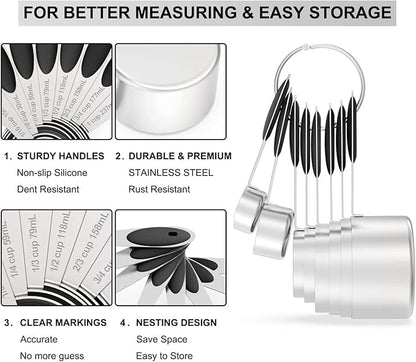 Measuring Cups & Spoons Set of 16, Wildone Stainless Steel Measuring Cups and Measuring Spoons with Black Silicone Handle, Including 8 Nesting Cups, 8 Spoons, for Dry and Liquid Ingredient