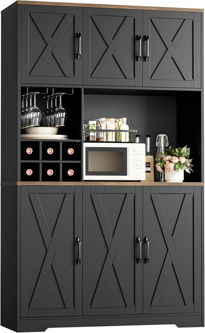 HOSTACK Kitchen Pantry Storage Cabinet, 71" Tall Food Pantry Cabinet with Microwave Stand, Farmhouse Kitchen Hutch, Coffee Bar Hutch with Wine Rack for Dining Room, Living Room, Black