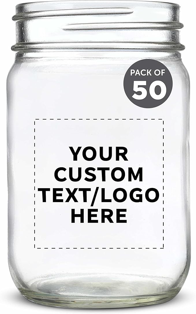 DISCOUNT PROMOS Custom Decorating Mason Jars 12 oz. Set of 50, Personalized Bulk Pack - Glass Jars for Overnight Oats, Candies, Fruits, Pickles, Spices, Beverages - Clear