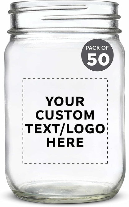 DISCOUNT PROMOS Custom Decorating Mason Jars 12 oz. Set of 50, Personalized Bulk Pack - Glass Jars for Overnight Oats, Candies, Fruits, Pickles, Spices, Beverages - Clear