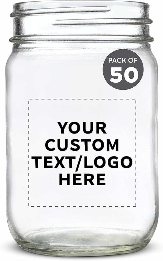 DISCOUNT PROMOS Custom Decorating Mason Jars 12 oz. Set of 50, Personalized Bulk Pack - Glass Jars for Overnight Oats, Candies, Fruits, Pickles, Spices, Beverages - Clear