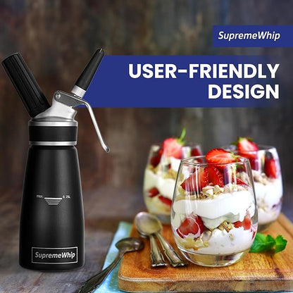 Pro Cream Dispenser, Durable High-Grip, Metal Lid with Rubber, 3 Nozzles, for Hot/Cold Use, Cleaning Brush Included, Black - 250ml/1 Pint