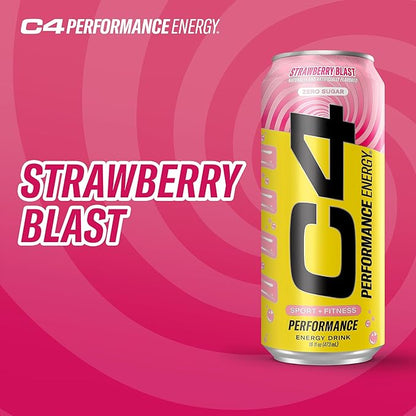 Cellucor C4 Performance Energy Drink | Strawberry Blast | Zero Sugar Carbonated Preworkout Energy | 200mg Caffeine with Beta Alanine | 16 Fl Oz (12 Pack)