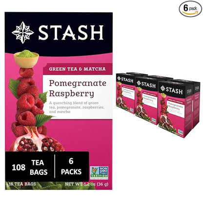 Stash Tea Pomegranate Raspberry & Matcha Green Tea - Caffeinated, Non-GMO Project Verified Premium Tea with No Artificial Ingredients, 18 Count (Pack of 6) - 108 Bags Total