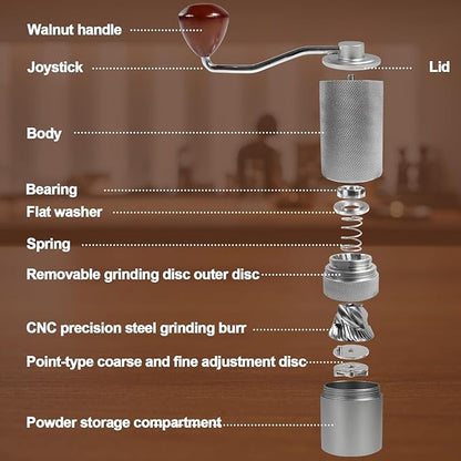Manual Coffee Grinder Detachable Stainless Steel Conical Burr Aluminum Coffee Bean Grinder with 25 Grinding Settings Cleaning Brush Grindable Espresso Moka Pot French Press for Camping Silver
