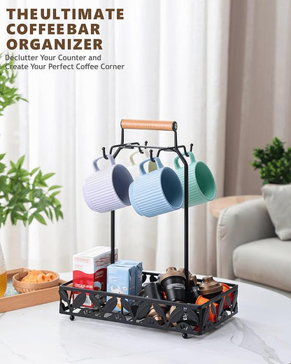 Coffee Mug Holder for Countertop, Mug Tree & Mug Rack with Storage Basket, 2-in-1 Organizer Holds 4 Large Mugs, Kitchen Cup Holder for Coffee Bar Accessories, Pods & Tea Bags, Black Metal with Handle