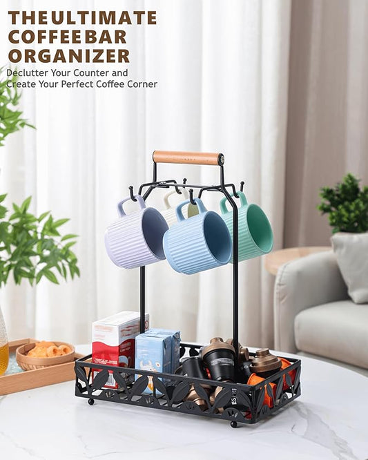 Coffee Mug Holder for Countertop, Mug Tree & Mug Rack with Storage Basket, 2-in-1 Organizer Holds 4 Large Mugs, Kitchen Cup Holder for Coffee Bar Accessories, Pods & Tea Bags, Black Metal with Handle