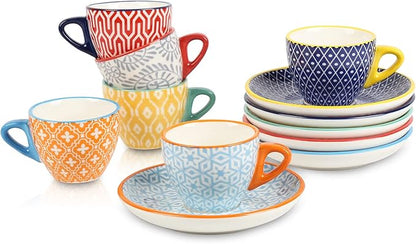 Selamica Ceramic 2 oz Espresso Cups, Small Expresso Coffee Cup Set with Saucers, Porcelain Mini Demitasse Cups for Latte Mocha Tea, Set of 6, Assorted Colors