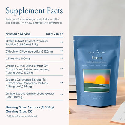 SPACE AND TIME Focus - Mushroom Coffee - 20 Cups of Focus, Productivity & Clean Energy - Instant Mushroom Coffee with Lions Mane, Cordyceps & L-Theanine