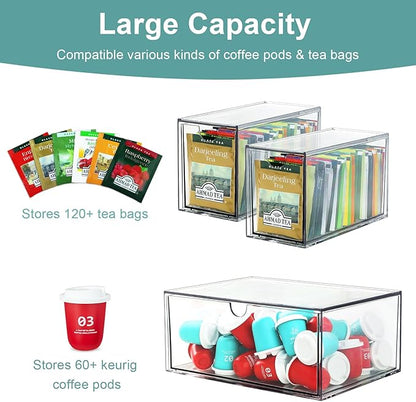 4 Tea and Coffee Organizer and Storage, Acrylic Tea Bag Holder Organizer, Plastic K Cup Drawer Container for Cabinet