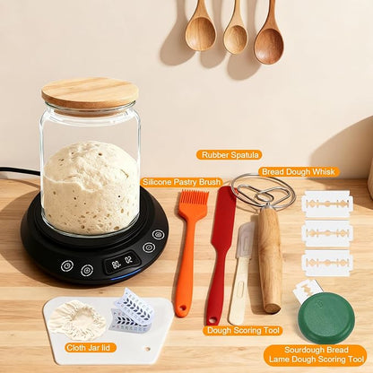 Sourdough Starter Warmer Set – Precise 1°F Thermostat (70-120°F), 24H Timer, Smart Memory Warming On/Off - Fits Jars Up to 40oz, Sourdough Kit for Home Baking (Black)