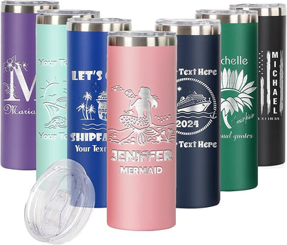Personalized 20oz Skinny Tumbler: Engraved, Stainless Steel, Insulated, Leak-Proof Lid & Straw, Hot/Cold for Hours, Ideal for Coffee, Water, Wine, Gift for Birthdays, Weddings, Holidays, (25 designs)