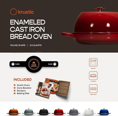 Enameled Cast Iron Dutch Oven for Sourdough Bread Baking | 6 Quart Pot with Lid | 10 Inch Ceramic Enamel Thick Coated Cookware Set with Non Stick Silicone Baking Mat for Cooking | 6 Qt | Red