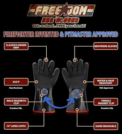 Freedom BBQ Gloves 932°F Heat Rated Magnetic EZ On Off Safety Clips Waterproof for Grills Smokers Fryers Ovens (14")