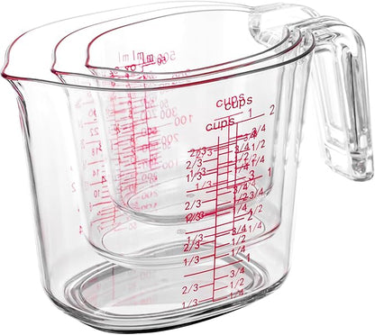 3PCS Nesting Liquid Measuring Cups Set, Measuring Jugs For Kitchen 1 Cup/250ml/8oz, 2 Cup/500ml/16oz,4 Cup/1000ml/32oz - BPA Free Plastic Set with Spout Multiple Measurement Scales (Clear)