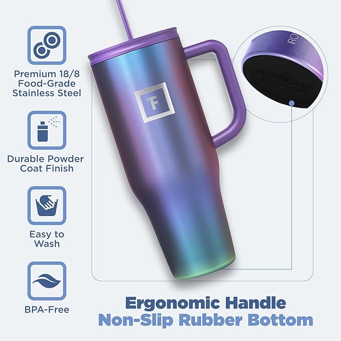 IRON °FLASK Co-Pilot Insulated Mug w/Straw & Flip Cap Lids - Cup Holder Bottle for Hot, Cold Drink - Leak-Proof - Water, Coffee Portable Travel Mug - Aurora, 40 Oz