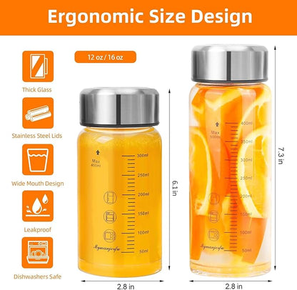 Glass Juice Bottles 4 Pack 12 oz - Wide Mouth Glass Water Bottles with Lids - for Juicing, Smoothies, Milk, Protein, BPA Free, Reusable, Stainless Steel Lids, Leak Proof, Shaker bottle (12oz/400ml)