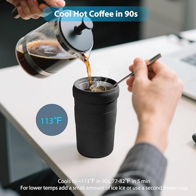 Iced Coffee Tumbler, 45℉ Insulated Beer Mug for Freezer, (Ice-Free) Double-walled Freezable Slushie Cup with Stainless Steel Liner, Travel Coffee Mug Reusable, with Lid and Straw, 16oz (1, Black)