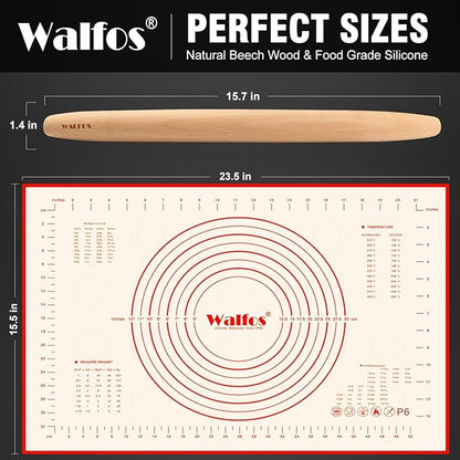 WALFOS French Rolling Pin and Silicone Baking Mat Set, Non-Stick Beech Wood Rolling Pin 15.7 Inch and Pastry Mat for Best Pie Crust, Cookie, Pasta and Pizza Dough