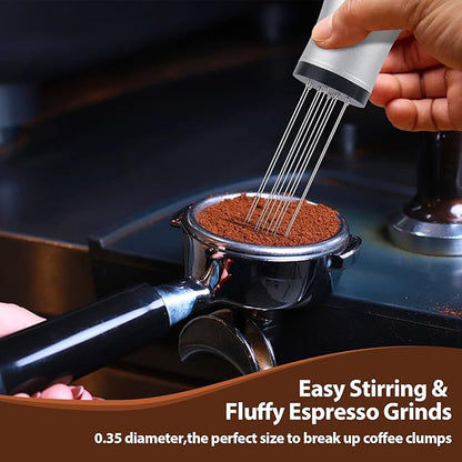 WDT tool, Espresso Distribution tools, 10 x 0.35mm 304 Stainless Steel Needles Installed with 10 Extra needles for Espresso Stirrer Replacement, Aluminum Alloy Handle with Stand (Matte Silver)