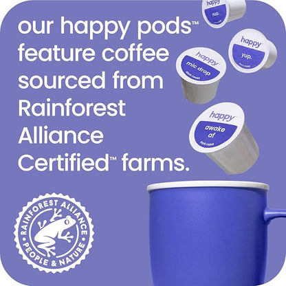 happy coffee dark roast coffee pods, 10 count, notes of cocoa & contentment, compatible with most K-cup brewers, rainforest alliance certified