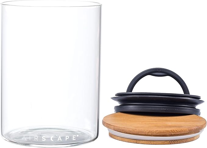 AirScape Glass Food Storage Canister - Glass Storage With US Patented Airless Inner Lid & Bamboo Top Lid - Preserves Food Freshness (Medium 7-Inch)