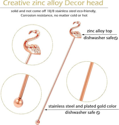 4 Pcs Flamingo Cocktail Stirrers Swizzle Sticks Stainless Steel 7.28" Coffee Stir Sticks with Decor Top for Mixing Cocktail, Hot Cocoa, Creamer, Rose Gold