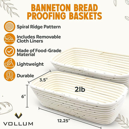 Banneton Bread Proofing Basket Sourdough Proofing for Beginners & Professional Bakers, Handwoven Rattan Cane Bread Maker w/Linen for Artisan Breads, 12.25 x 6 x 3.5 Inch, 2-Lb Rectangular - Set of 2