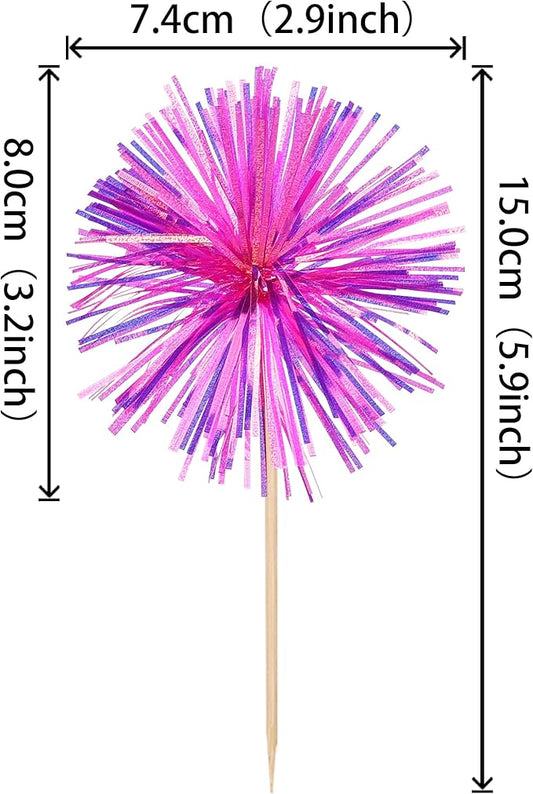 30 PCS Foil Firework Cupcake Toppers Happy Birthday Cupcake Toppers Sparkle Tinsel Flower Drink Stirrers Cocktail Fruit Toothpicks for Valentine's Day Baby Shower Party Cake Decor Supplies Rose Red