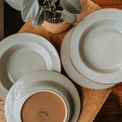 Mora Ceramic Wide Rimmed Soup Bowl 25oz, Set of 4 - For Pasta, Italian, Spaghetti, Dipping Bread, Fancy Dinner etc. Large Plate/Bowls Hybrid For Everyday & Restaurant Use, Large Flat Rim - Earl Grey