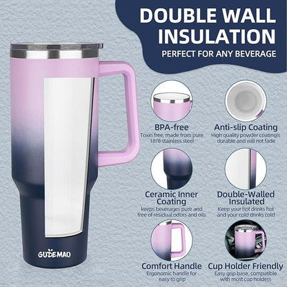 40 oz Insulated Coffee Mug with Ceramic Coating, Stainless Steel Travel Mug Tumbler with Handle Lid and Straw, Double Wall Leak-Proof Coffee Travel Mug Keeps Drink Hot and Cold (Purple Navy)