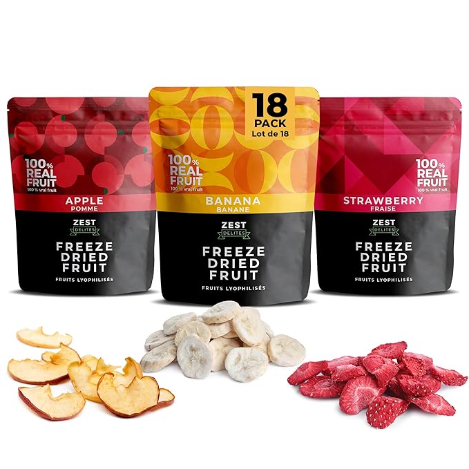 Zest Delites Freeze Dried Fruit Bulk Pack (9.54 Oz), Freeze Dried Strawberries, Bananas, Apple Chips, Healthy Dehydrated Fruit Crisps Variety Pack, No Sugar Added, No Additives, 0.53 Oz x 18 Packs