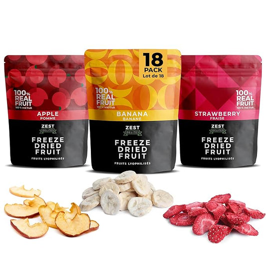 Zest Delites Freeze Dried Fruit Bulk Pack (9.54 Oz), Freeze Dried Strawberries, Bananas, Apple Chips, Healthy Dehydrated Fruit Crisps Variety Pack, No Sugar Added, No Additives, 0.53 Oz x 18 Packs