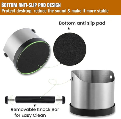 Coffee Grounds Knock Box, Small Stainless Steel Espresso Coffee Knock Box, Coffee Grind Knock Out Box with Removable Knock Bar and Coffee Brush, Coffee Grounds Container with Non-Slip Base