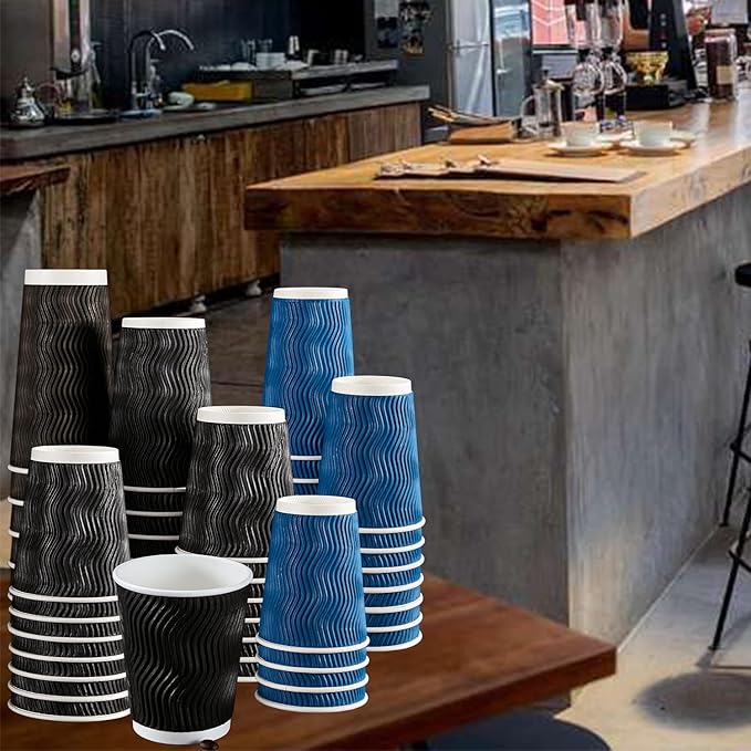 Lamosi 120 Pack 8 oz Disposable Coffee Cups, Insulated Corrugated Paper Cups, Kraft Ripple Wall Cups for Hot Beverage or Cold Drinks Office/Home/Party/Travel/Cafe (Navy)