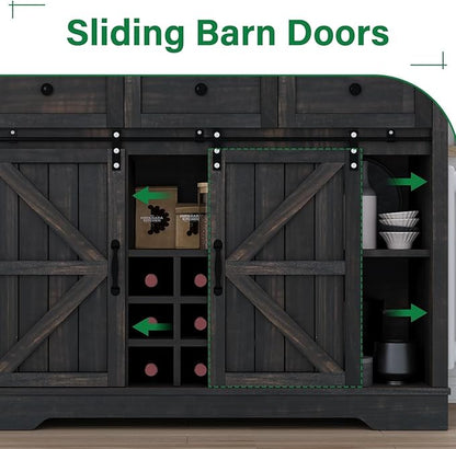 4 EVER WINNER 72" Coffee Bar Cabinet with Sliding Barn Door & Wine Racks, Hutch Cabinet with Storage and 3 Drawers, Farmhouse Coffee Bar with Wine Glass Holder for Dining Room Kitchen (Rustic Oak)