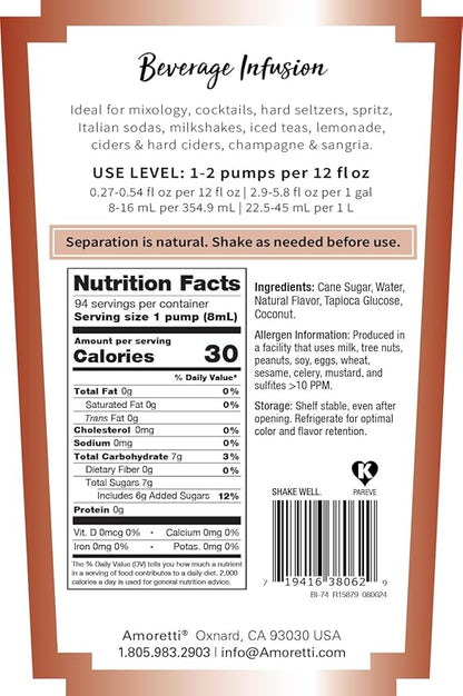 Amoretti - Coconut Beverage Infusion, 94 Servings Per Bottle (750 ml) - Drink Mix & Water Enhancer with Pump for Flavoring Cocktails, Waters, Teas, and other Beverages, Preservative Free