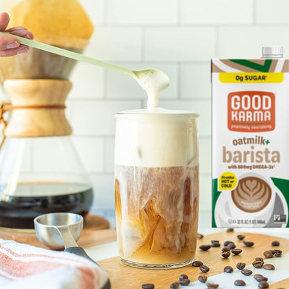 Good Karma Unsweetened Oatmilk + Barista Blend, 32 Ounce (Pack of 3), 800mg Omega -3s, Plant-Based Non-Dairy Milk Creamer Alternative with Oats, Flax and Peas, Lactose Free, Vegan, Shelf Stable