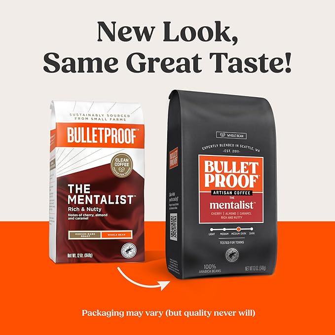 Bulletproof The Mentalist Medium-Dark Roast Whole Bean Coffee, 12 Ounces, Clean Coffee Tested for Toxins, Packaging May Vary